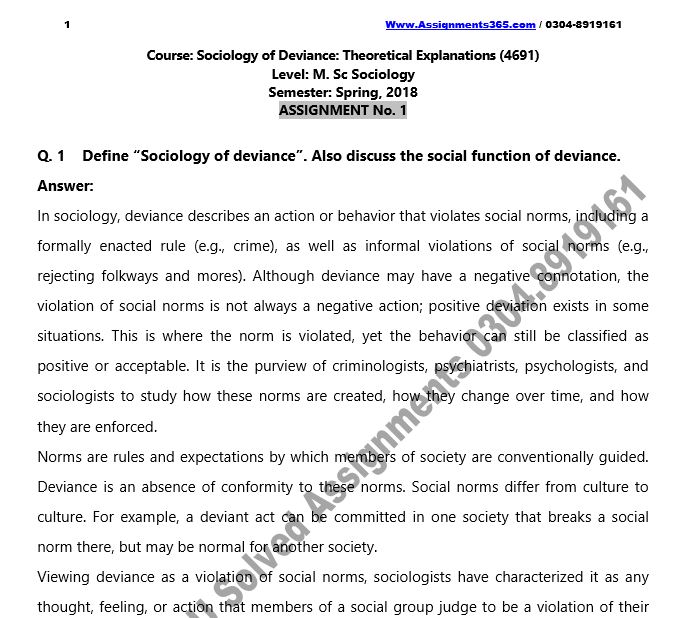 AIOU Solved Assignment M.Sc Sociology 4691 Sociology of Deviance-I Spring 2018