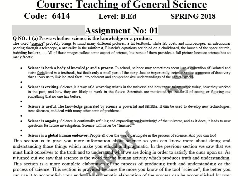 AIOU Solved Assignments ADE / B.Ed 6414 Teaching of General Science Spring 2018