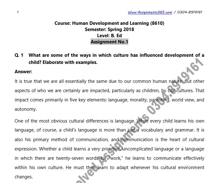 Free AIOU Solved Assignments B.Ed Human Development & Learning 8610 Spring 2018