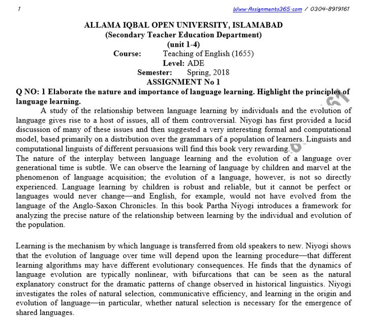 AIOU Solved Assignment ADE Teaching of English 1655 Spring 2018