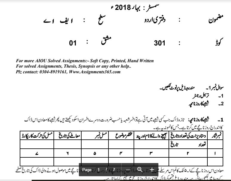 AIOU Solved Assignment FA 301 Dafti Urdu Spring 2018