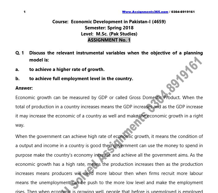 AIOU Solved Assignment M.Sc Pakistan Studies 4659 Economic Development in Pakistan–I Spring 2018