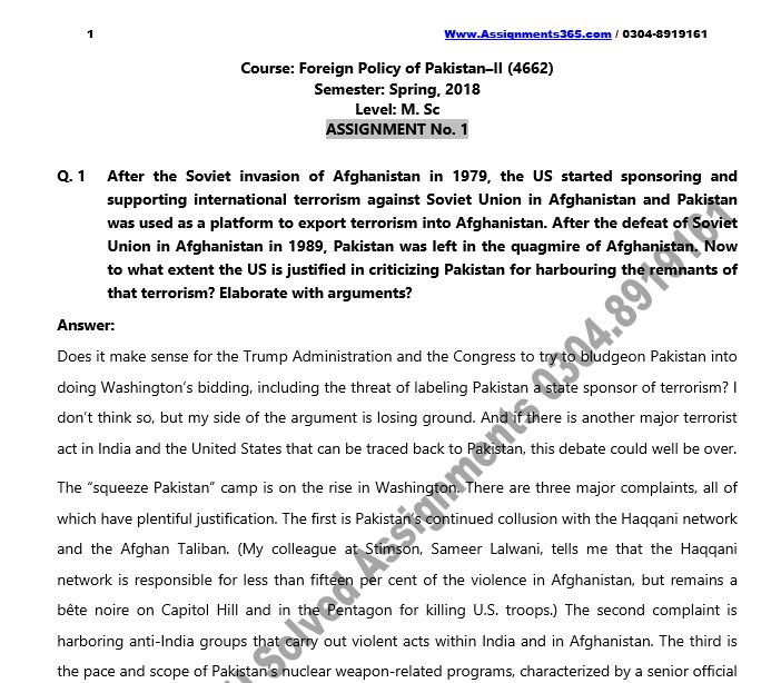 AIOU Solved Assignment M.Sc Pakistan Studies 4662 Foreign Policy of Pakistan-II Spring 2018