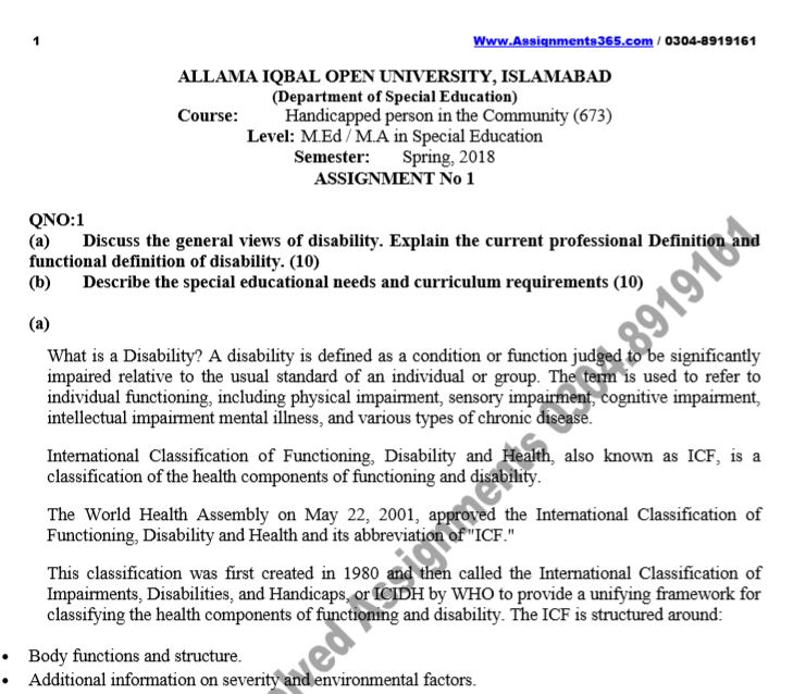 AIOU Solved Assignment MA / M.Ed in Special Education 673 Handicapped Person in the Community Spring 2018