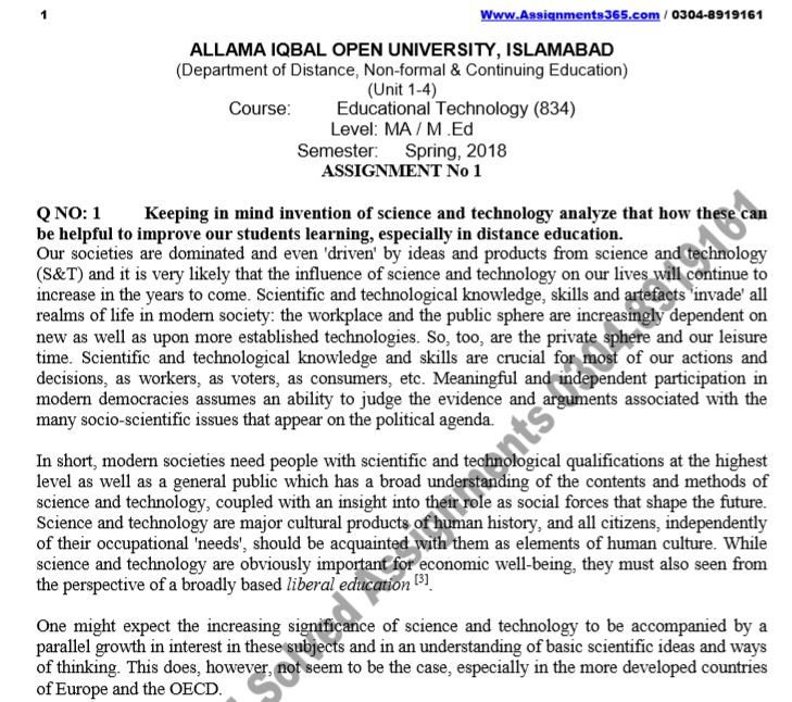 AIOU Solved Assignment M.Ed 834 Educational Technology Spring 2018