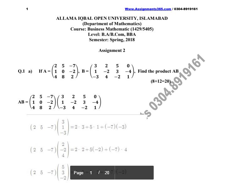 AIOU Solved Assignment B.Com Business Mathematics 1429 Spring 2018